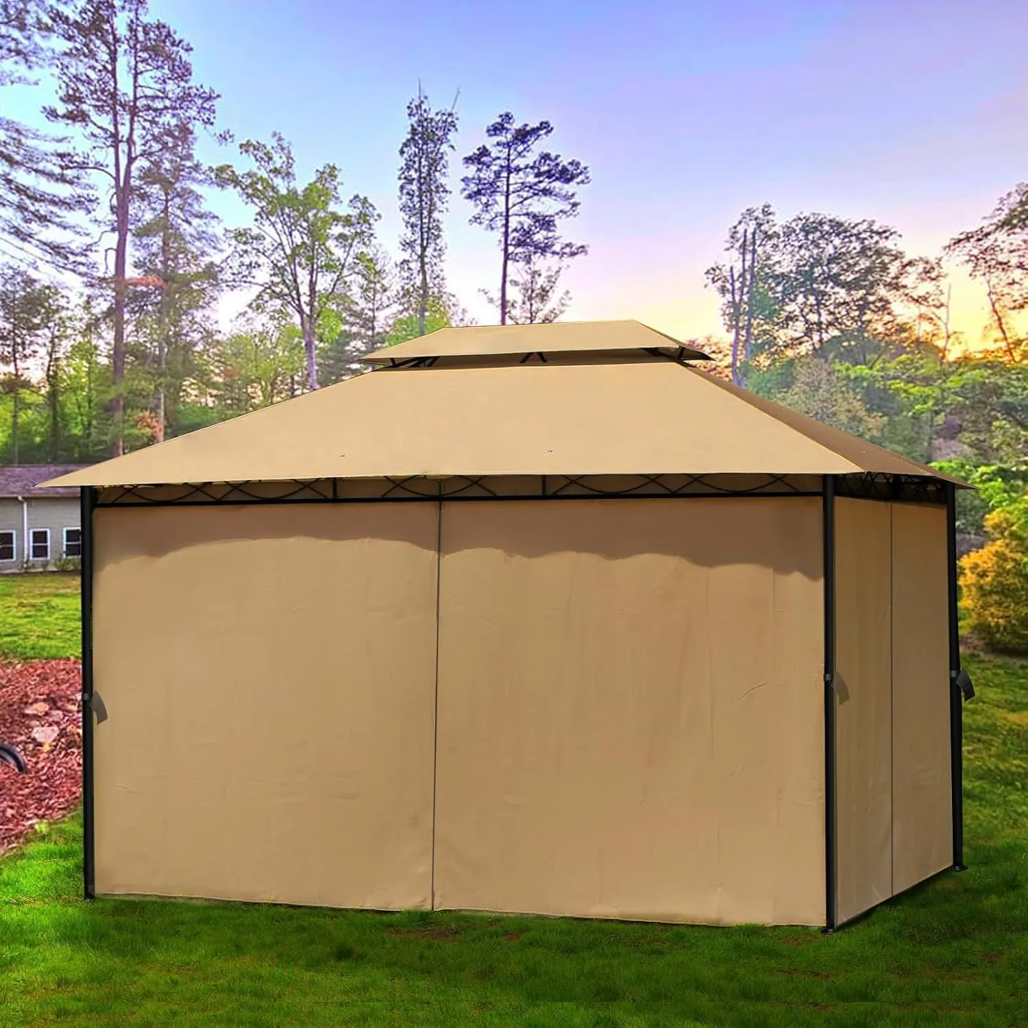 FAB BASED 10'x13' Gazebo for Patios, Double Vent Outdoor Canopy with Curtains & Sand Bag, Outside Patio Tent with Wavy Lines Decorative for Backyard (Khaki)