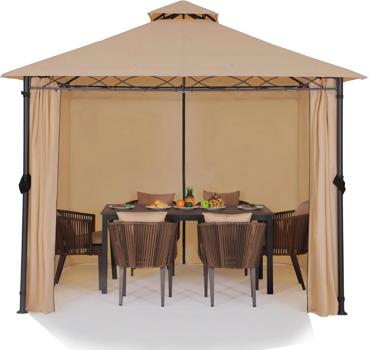 FAB BASED 10'x13' Gazebo for Patios, Double Vent Outdoor Canopy with Curtains & Sand Bag, Outside Patio Tent with Wavy Lines Decorative for Backyard (Khaki)