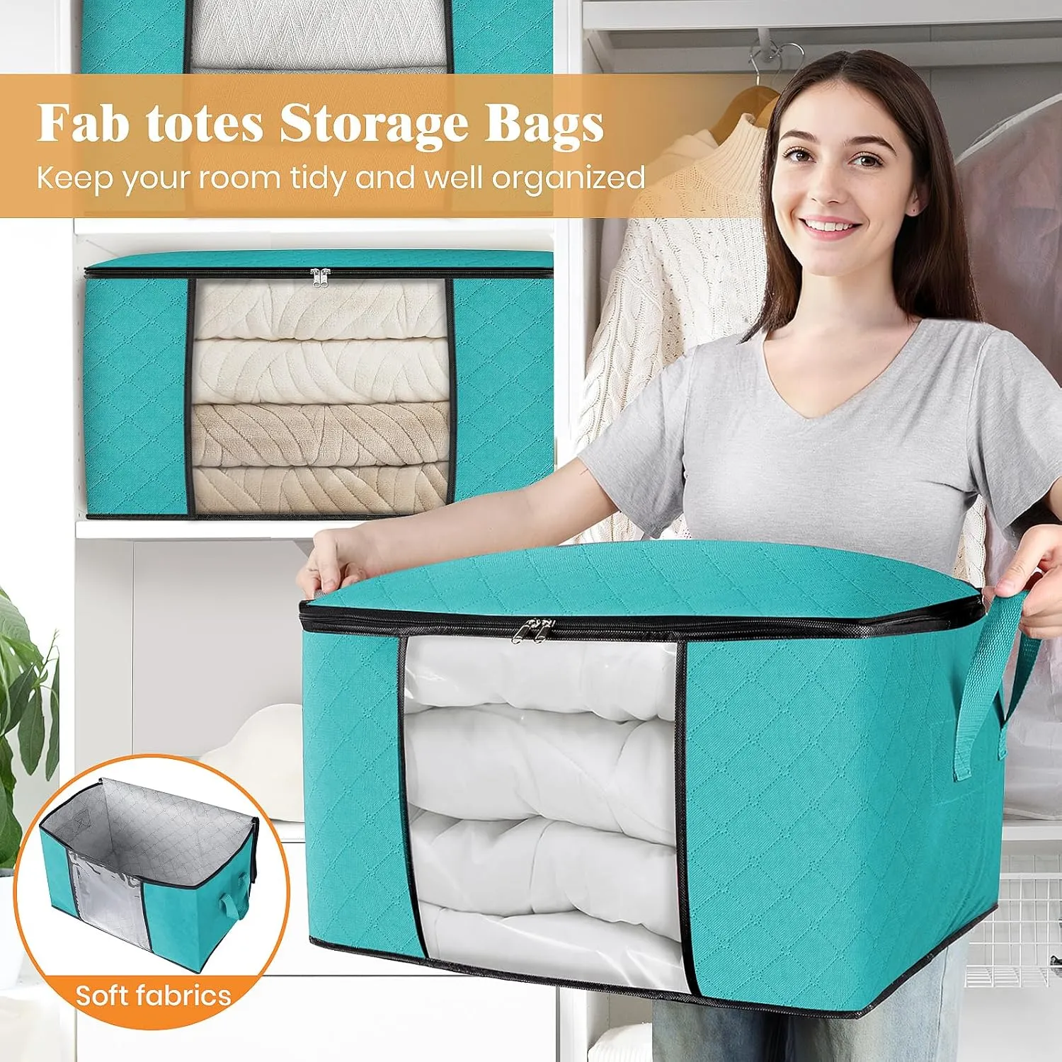 Fab totes 10 Pack Clothes Storage, Foldable Thick Fabric Blanket Storage Bags, Containers for Organizing Bedroom, Closet, Clothing, Comforter,Closet Organization with Handle,Green