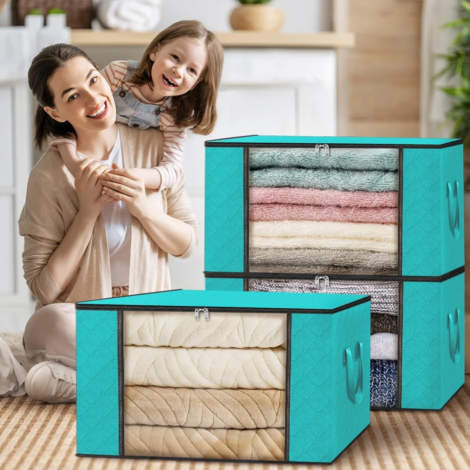 Fab totes 10 Pack Clothes Storage, Foldable Thick Fabric Blanket Storage Bags, Containers for Organizing Bedroom, Closet, Clothing, Comforter,Closet Organization with Handle,Green