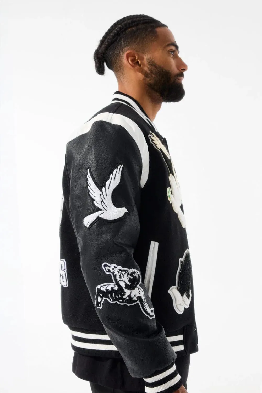 Fallen Angels Black Varsity Jacket with Flame Embroidery