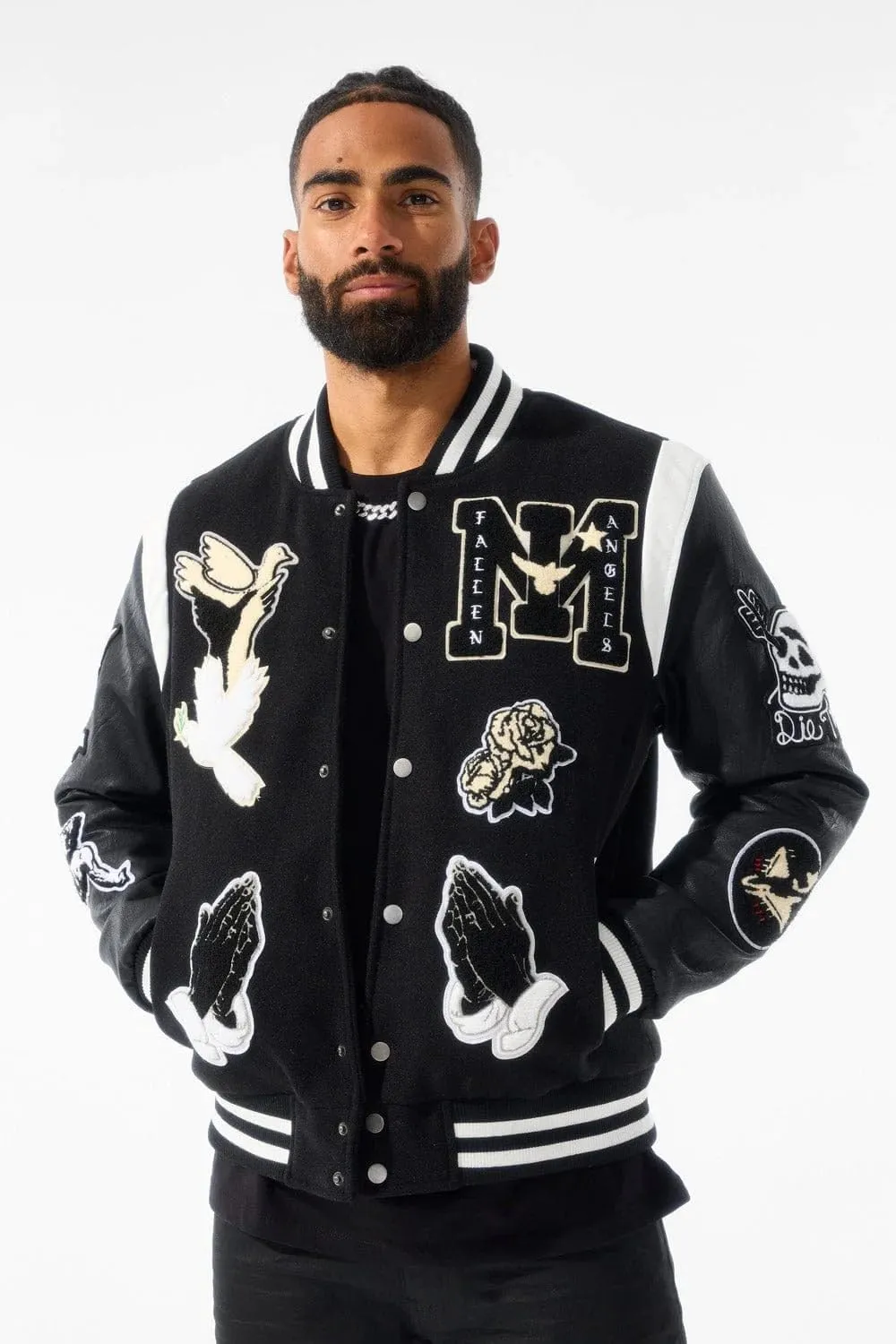 Fallen Angels Black Varsity Jacket with Flame Embroidery