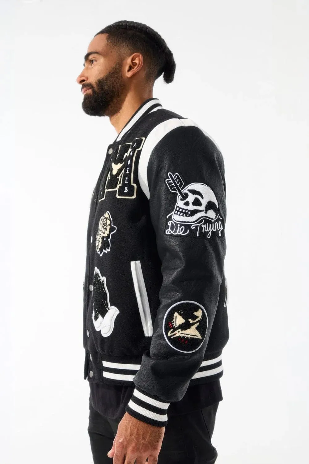 Fallen Angels Black Varsity Jacket with Flame Embroidery