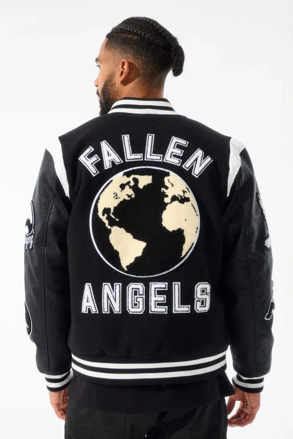 Fallen Angels Black Varsity Jacket with Flame Embroidery