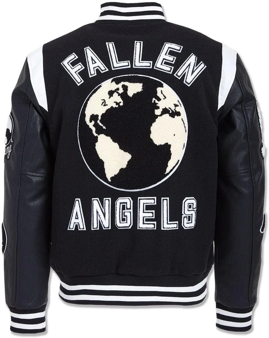 Fallen Angels Black Varsity Jacket with Flame Embroidery