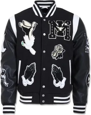 Fallen Angels Black Varsity Jacket with Flame Embroidery