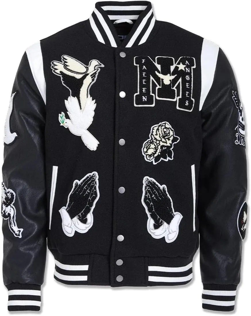 Fallen Angels Black Varsity Jacket with Flame Embroidery