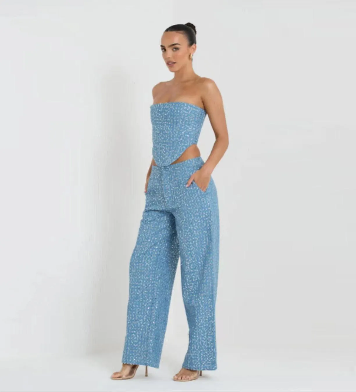Fashion Denim Sequined Tube Top Wide Leg Pants Suit