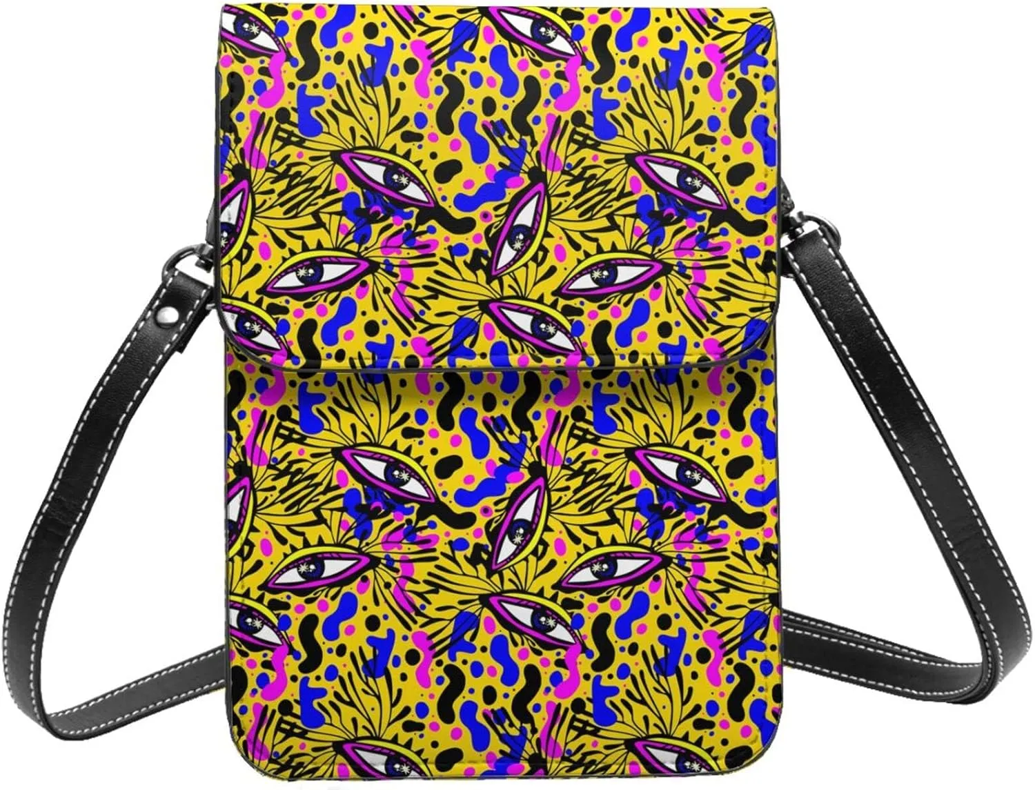 fashion eyes doodle psychedelic hippie colorful Crossbody Cell Phone Purse for Women Girls Leather Mini Cross Body Bags Small Shoulder Bags