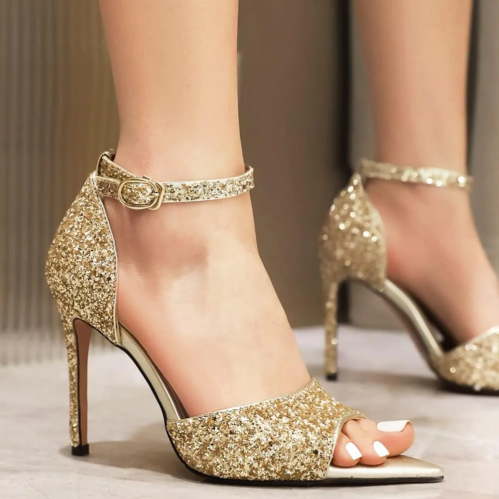 Fashion Rhinstone Stiletto High Heels Ankle Strap Sequined Cloth Sandals Pointed Toe Dress Sandals