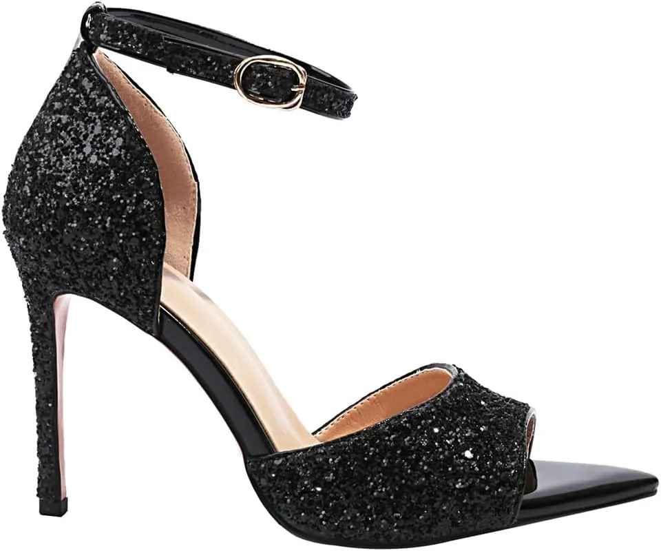 Fashion Rhinstone Stiletto High Heels Ankle Strap Sequined Cloth Sandals Pointed Toe Dress Sandals