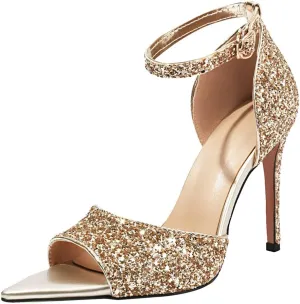 Fashion Rhinstone Stiletto High Heels Ankle Strap Sequined Cloth Sandals Pointed Toe Dress Sandals