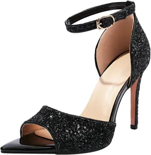 Fashion Rhinstone Stiletto High Heels Ankle Strap Sequined Cloth Sandals Pointed Toe Dress Sandals