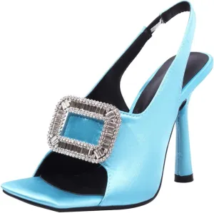 Fashion Rhinstone Stiletto High Heels Sequined Cloth Elastic Band Sandals Square Toe Dress Sandals