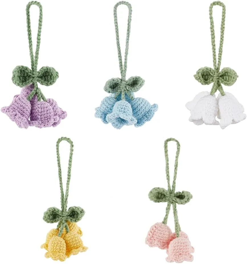 FINGERINSPIRE 5 Pcs Crochet Flowers Crochet Bluebell Flower Pendant Knitted Bell Orchid Flower Pendant Lily of The Valley Cotton Knitting Hanging Ornament for Bag Car Rear View Mirror Keychain Decor