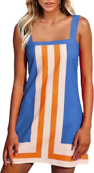 Fiona Jolin Women's Striped Mini Dress Boho Shoulder Strap Sundress Summer Cover Up Dress for Beach (Blue-S)