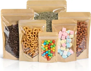 FireKylin 100 PCS Stand Up Pouches,5.9" x 8.6" Kraft Bags With Window Clear Front Pouches Resealable Zip Lock Food Storage Brown