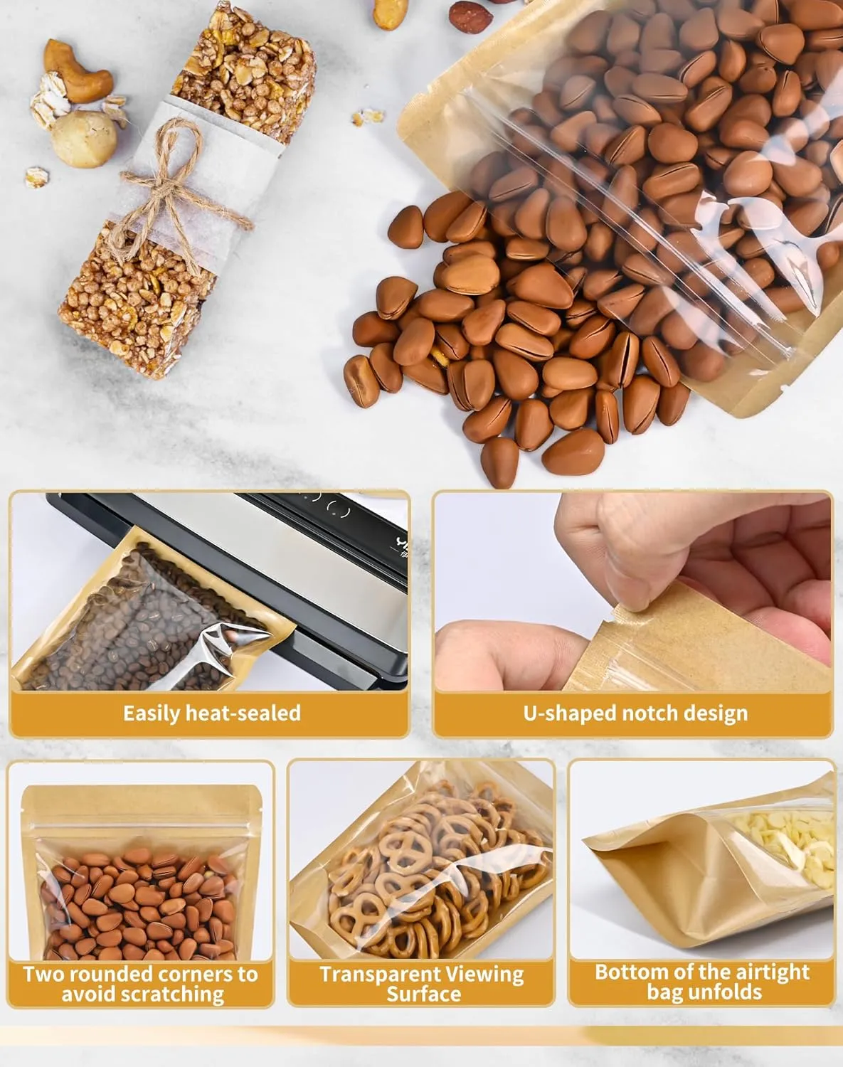 FireKylin 100 PCS Stand Up Pouches,5.9" x 8.6" Kraft Bags With Window Clear Front Pouches Resealable Zip Lock Food Storage Brown
