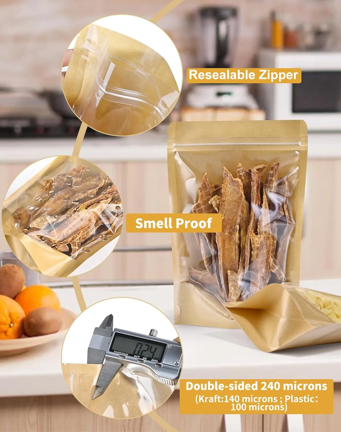 FireKylin 100 PCS Stand Up Pouches,5.9" x 8.6" Kraft Bags With Window Clear Front Pouches Resealable Zip Lock Food Storage Brown