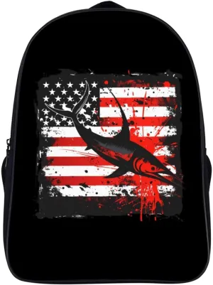 Fishing Marlin Swordfish Fish 4th of July American Flag USA 16 Inch Backpack Adjustable Strap Double Shoulder Backpack Business Laptop Backpack