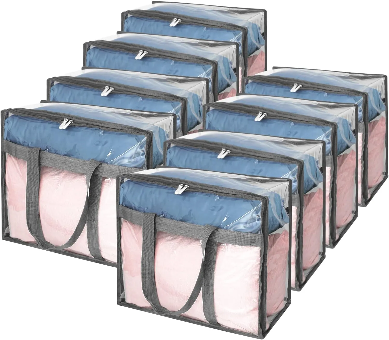 Fixwal 8 Pack Clear Clothes Storage Bags Vinyl Organizers with Sturdy Zippers Reinforced Handle Plastic Moving Totes for BlanketsLinen Bedding Duvet Transparent Space Saver Containers