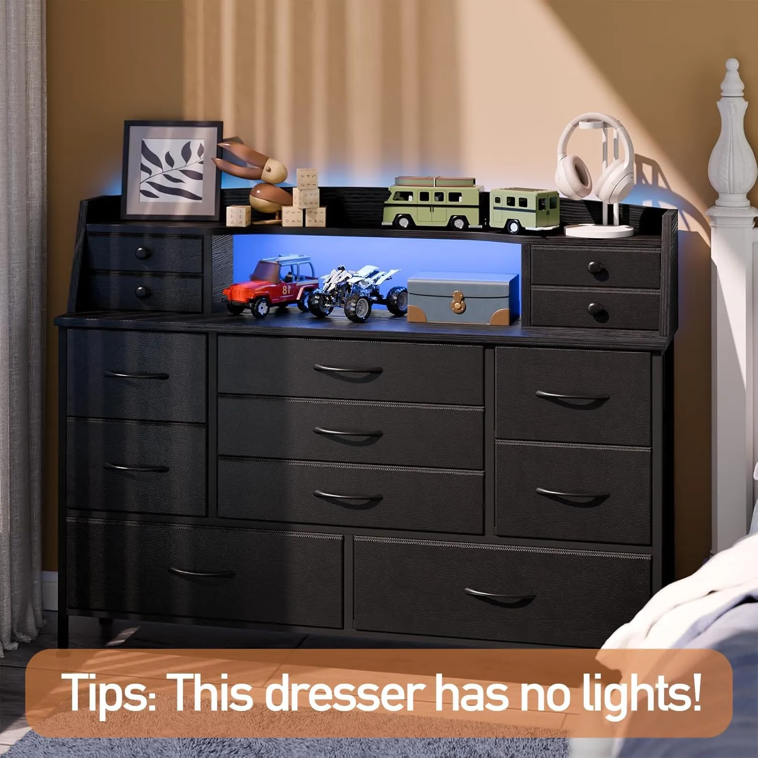 Fixwal Black Dresser for Bedroom with 13 Drawers, Nursery Dresser Fabric Chest of Drawers for Kids, Boys, Adults, Living Room, Closet, Entryway, Hallway (No LED Lights)