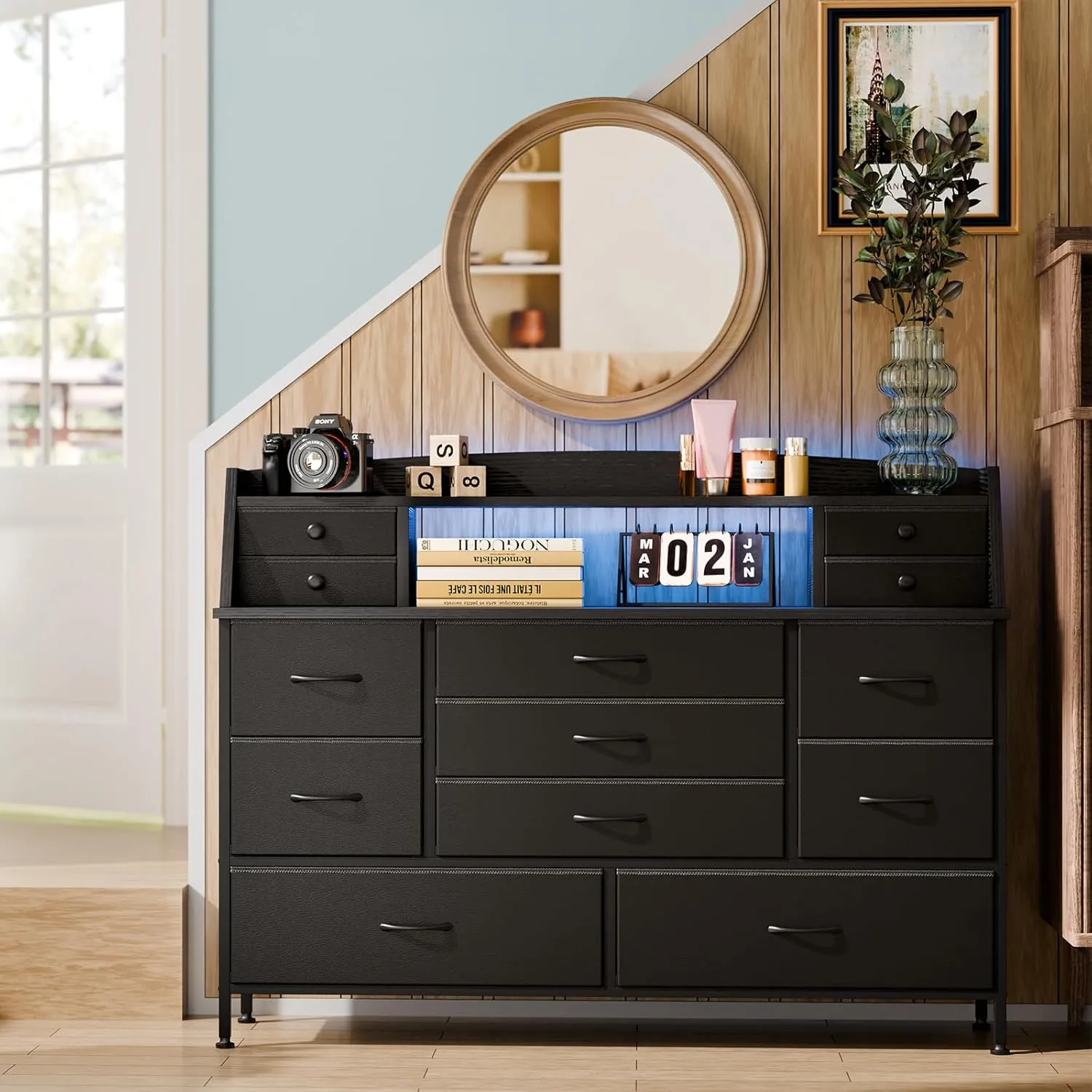 Fixwal Black Dresser for Bedroom with 13 Drawers, Nursery Dresser Fabric Chest of Drawers for Kids, Boys, Adults, Living Room, Closet, Entryway, Hallway (No LED Lights)