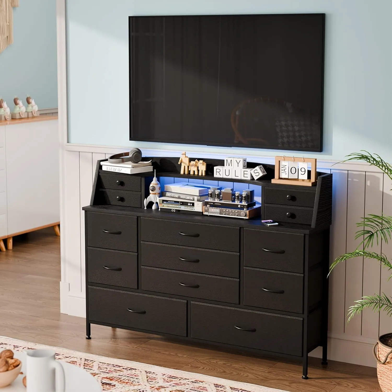Fixwal Black Dresser for Bedroom with 13 Drawers, Nursery Dresser Fabric Chest of Drawers for Kids, Boys, Adults, Living Room, Closet, Entryway, Hallway (No LED Lights)