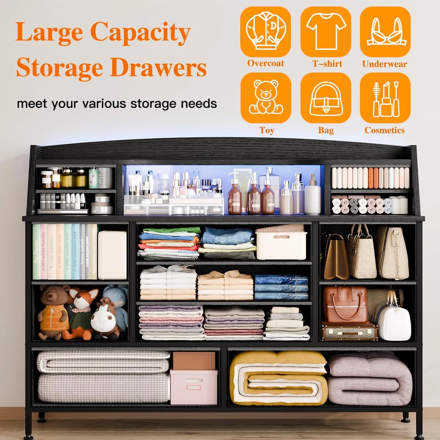 Fixwal Black Dresser for Bedroom with 13 Drawers, Nursery Dresser Fabric Chest of Drawers for Kids, Boys, Adults, Living Room, Closet, Entryway, Hallway (No LED Lights)