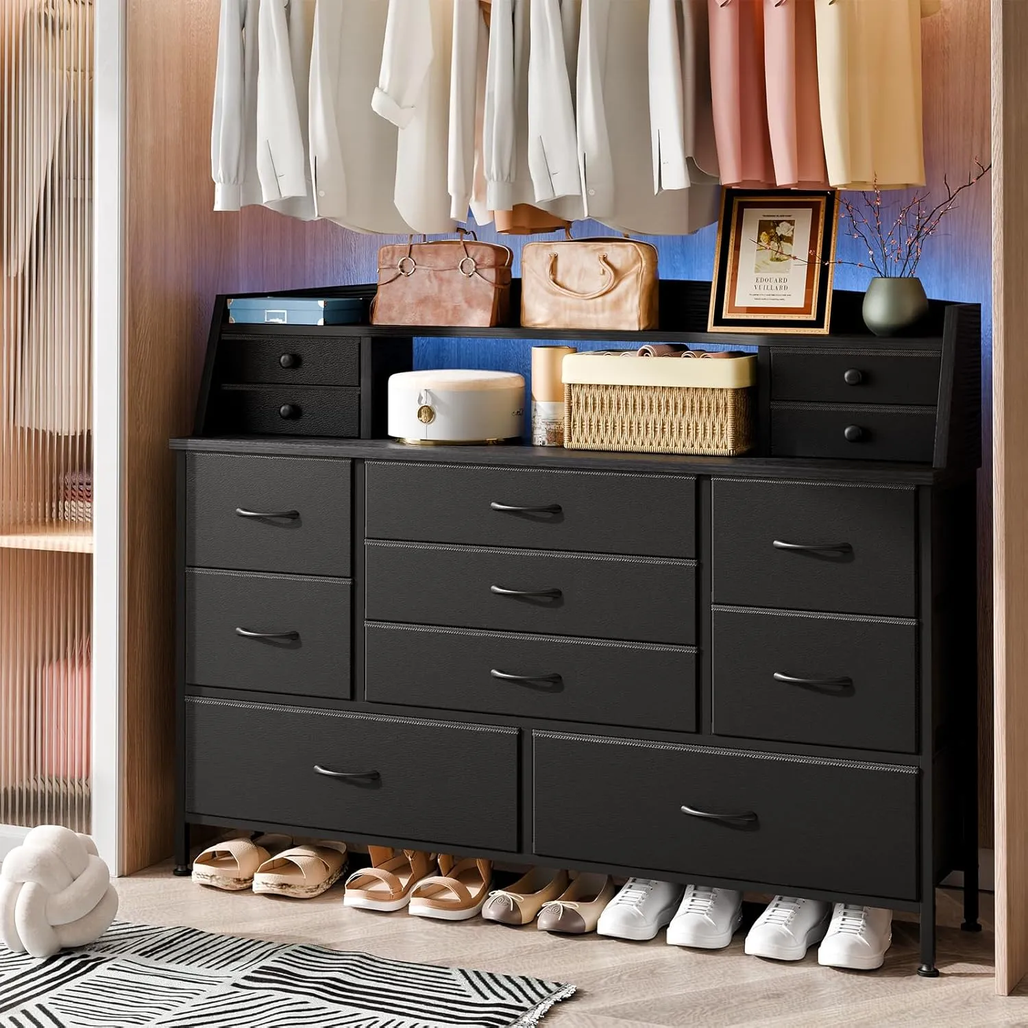 Fixwal Black Dresser for Bedroom with 13 Drawers, Nursery Dresser Fabric Chest of Drawers for Kids, Boys, Adults, Living Room, Closet, Entryway, Hallway (No LED Lights)