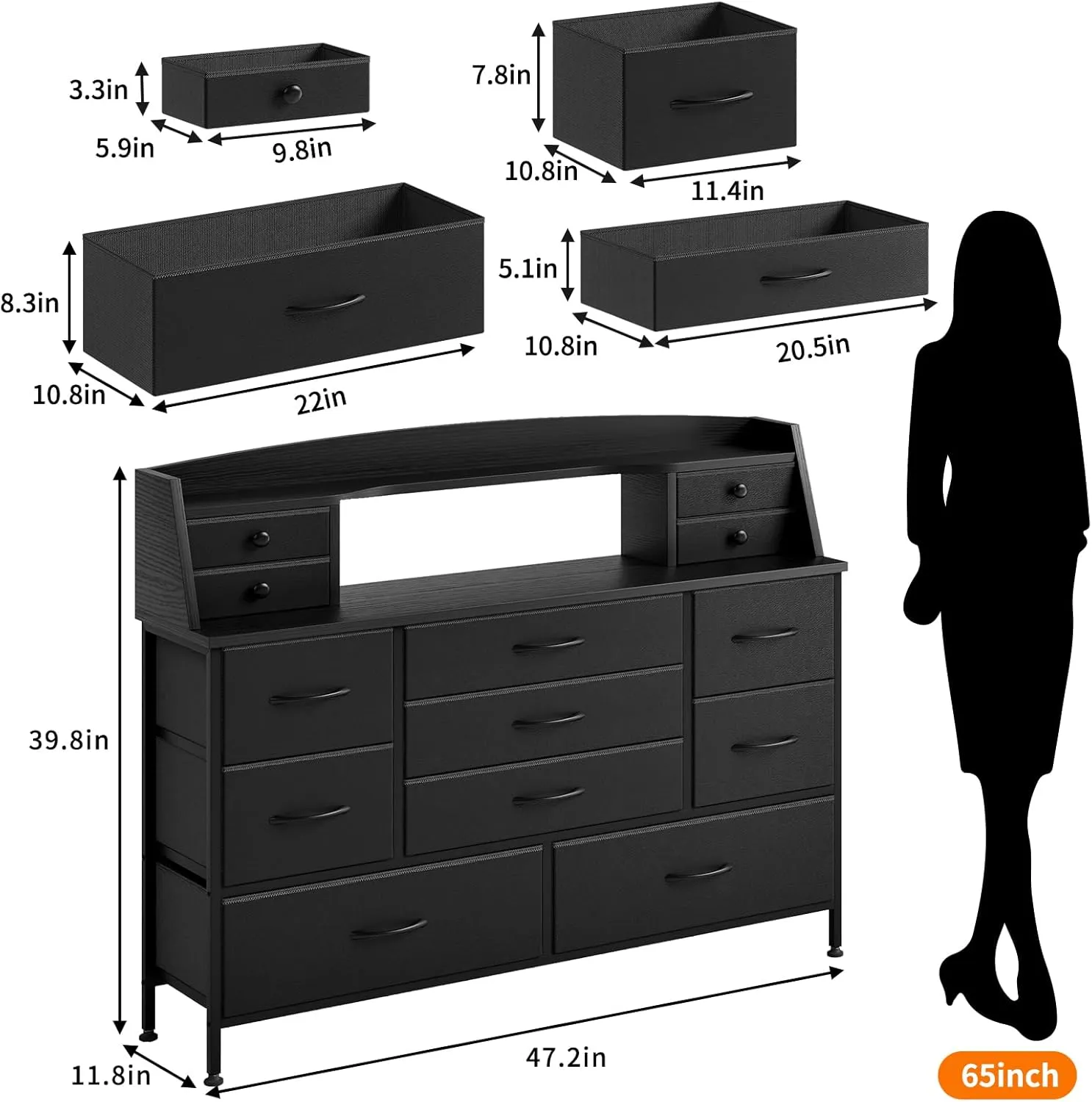 Fixwal Black Dresser for Bedroom with 13 Drawers, Nursery Dresser Fabric Chest of Drawers for Kids, Boys, Adults, Living Room, Closet, Entryway, Hallway (No LED Lights)