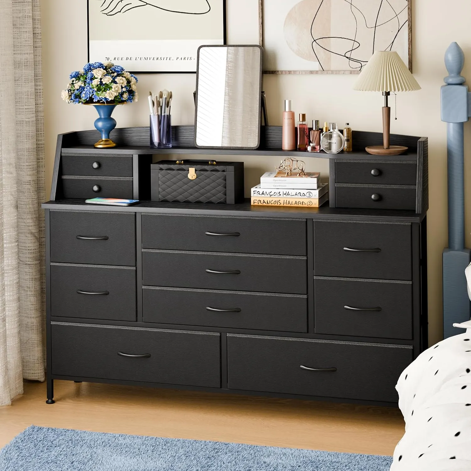 Fixwal Black Dresser for Bedroom with 13 Drawers, Nursery Dresser Fabric Chest of Drawers for Kids, Boys, Adults, Living Room, Closet, Entryway, Hallway (No LED Lights)