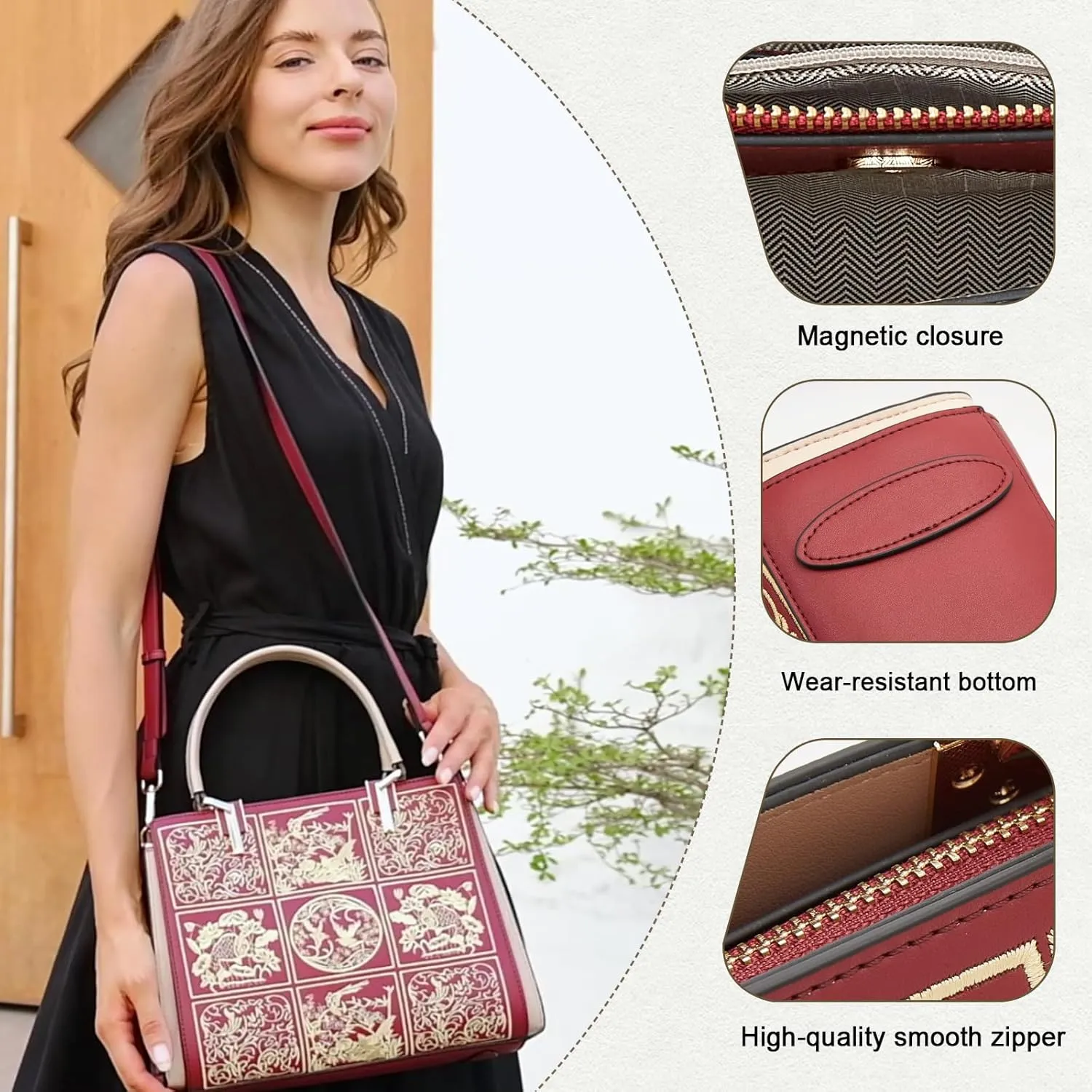 FOXLOVER Leather Satchel Handbags for Women Tote Shoulder Bag vintage Crossbody Bag Purse Top Handle bag with Embroidery