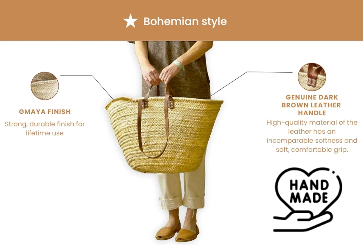 FRENCH BASKET with double flat leather handles, straw bag, beach bag, basket bag, shopping basket, wicker basket with handle, straw market basket (Large, Dark Brown)
