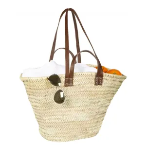 FRENCH BASKET with double flat leather handles, straw bag, beach bag, basket bag, shopping basket, wicker basket with handle, straw market basket (Large, Dark Brown)