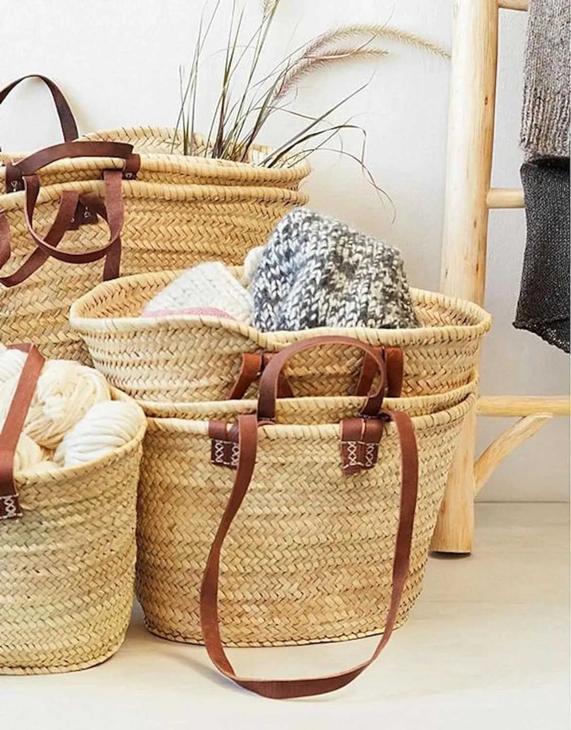 FRENCH BASKET with double flat leather handles, straw bag, beach bag, basket bag, shopping basket, wicker basket with handle, straw market basket (Large, Dark Brown)