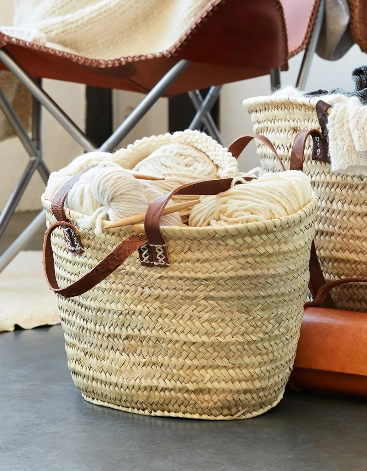FRENCH BASKET with double flat leather handles, straw bag, beach bag, basket bag, shopping basket, wicker basket with handle, straw market basket (Large, Dark Brown)
