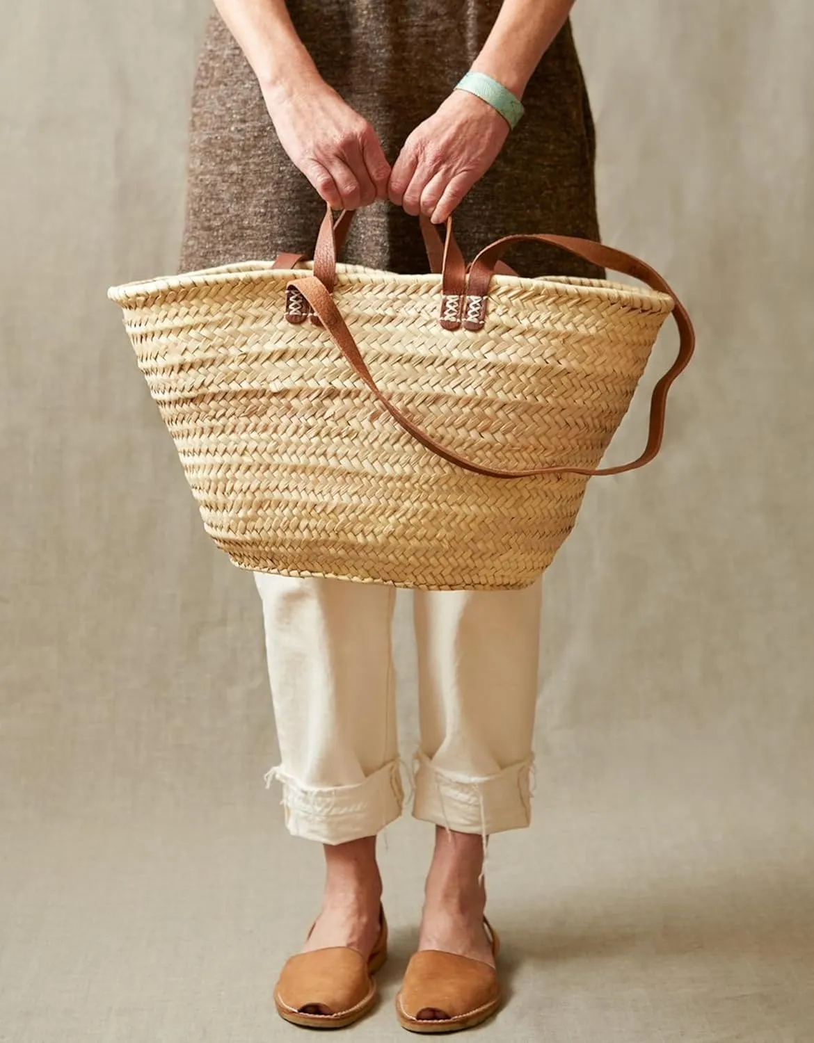 FRENCH BASKET with double flat leather handles, straw bag, beach bag, basket bag, shopping basket, wicker basket with handle, straw market basket (Large, Dark Brown)