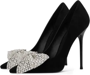 FSJ Women Fashion Pointed Toe Glitter Rhinestone High Heel Wedding Pump Sexy Slip On Stiletto Party Sparkly Prom Dress Shoe with Cute Bowknot Size 4-15 US