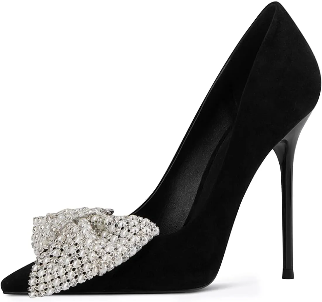 FSJ Women Fashion Pointed Toe Glitter Rhinestone High Heel Wedding Pump Sexy Slip On Stiletto Party Sparkly Prom Dress Shoe with Cute Bowknot Size 4-15 US