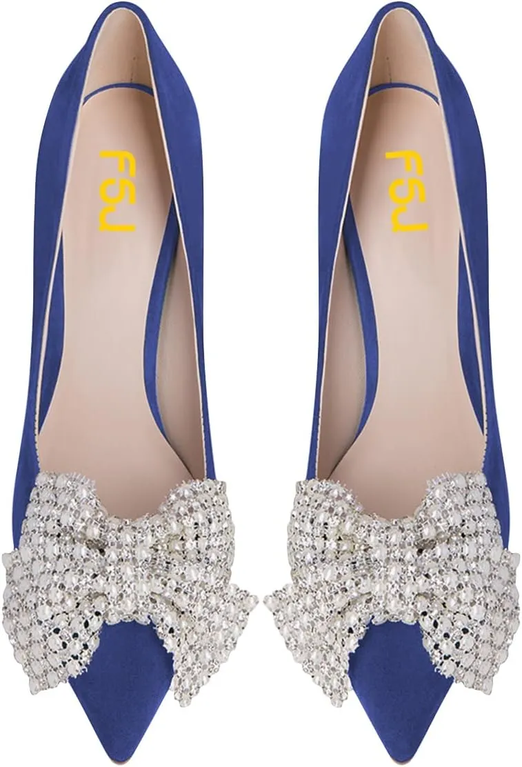 FSJ Women Fashion Pointed Toe Glitter Rhinestone High Heel Wedding Pump Sexy Slip On Stiletto Party Sparkly Prom Dress Shoe with Cute Bowknot Size 4-15 US