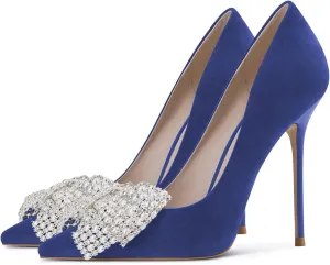 FSJ Women Fashion Pointed Toe Glitter Rhinestone High Heel Wedding Pump Sexy Slip On Stiletto Party Sparkly Prom Dress Shoe with Cute Bowknot Size 4-15 US
