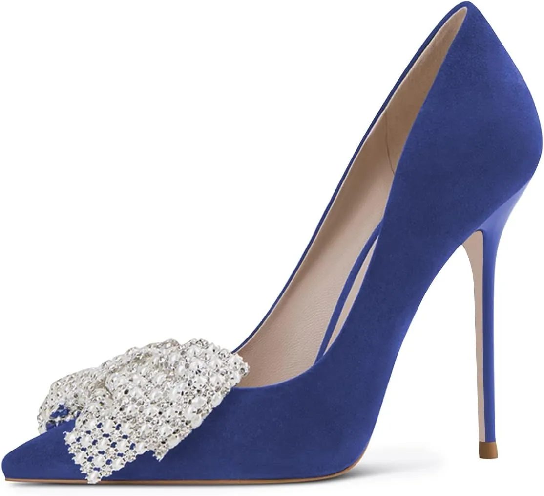 FSJ Women Fashion Pointed Toe Glitter Rhinestone High Heel Wedding Pump Sexy Slip On Stiletto Party Sparkly Prom Dress Shoe with Cute Bowknot Size 4-15 US