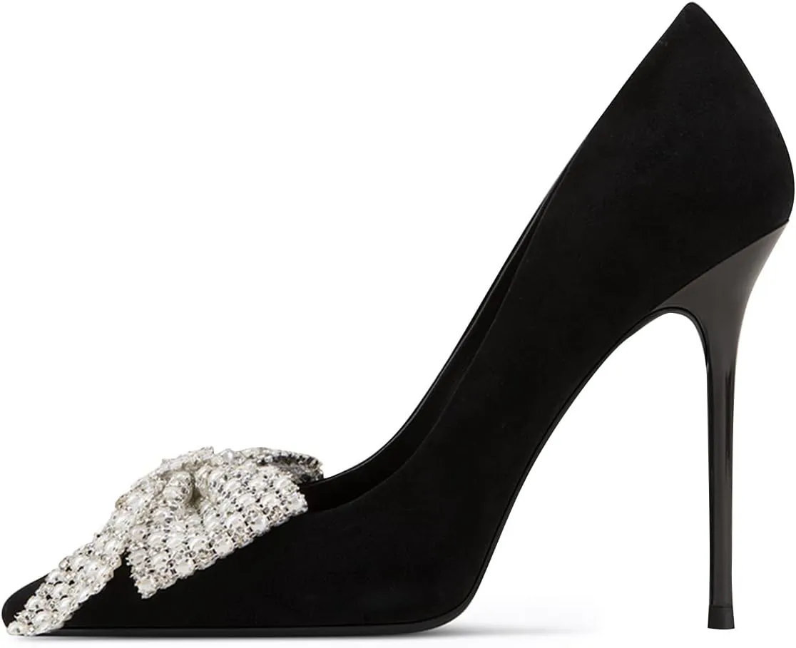 FSJ Women Fashion Pointed Toe Glitter Rhinestone High Heel Wedding Pump Sexy Slip On Stiletto Party Sparkly Prom Dress Shoe with Cute Bowknot Size 4-15 US