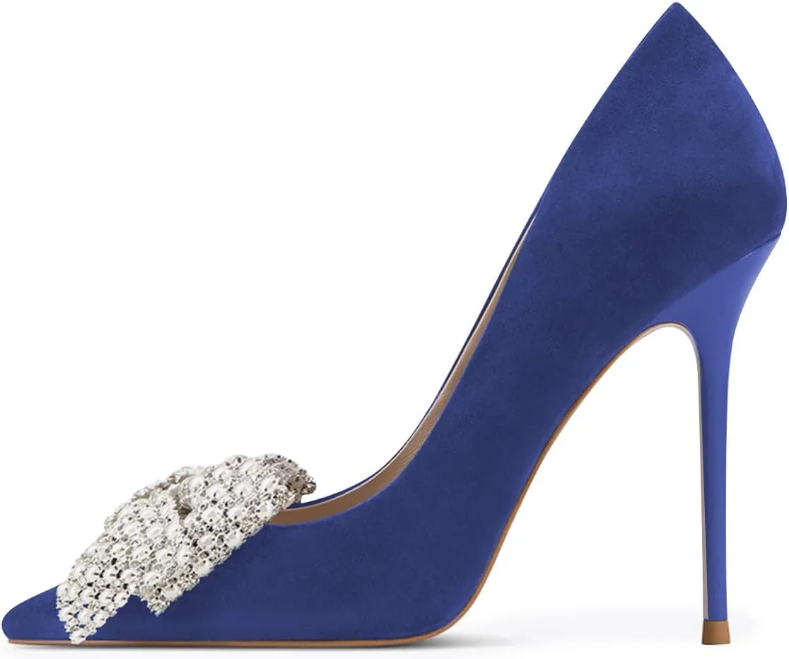 FSJ Women Fashion Pointed Toe Glitter Rhinestone High Heel Wedding Pump Sexy Slip On Stiletto Party Sparkly Prom Dress Shoe with Cute Bowknot Size 4-15 US