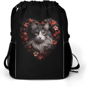 FunnyStar Norwegian Forests Cat Heart Drawstring Backpack Waterproof Sackpack Sports Gym String Bag with Shoes Compartment