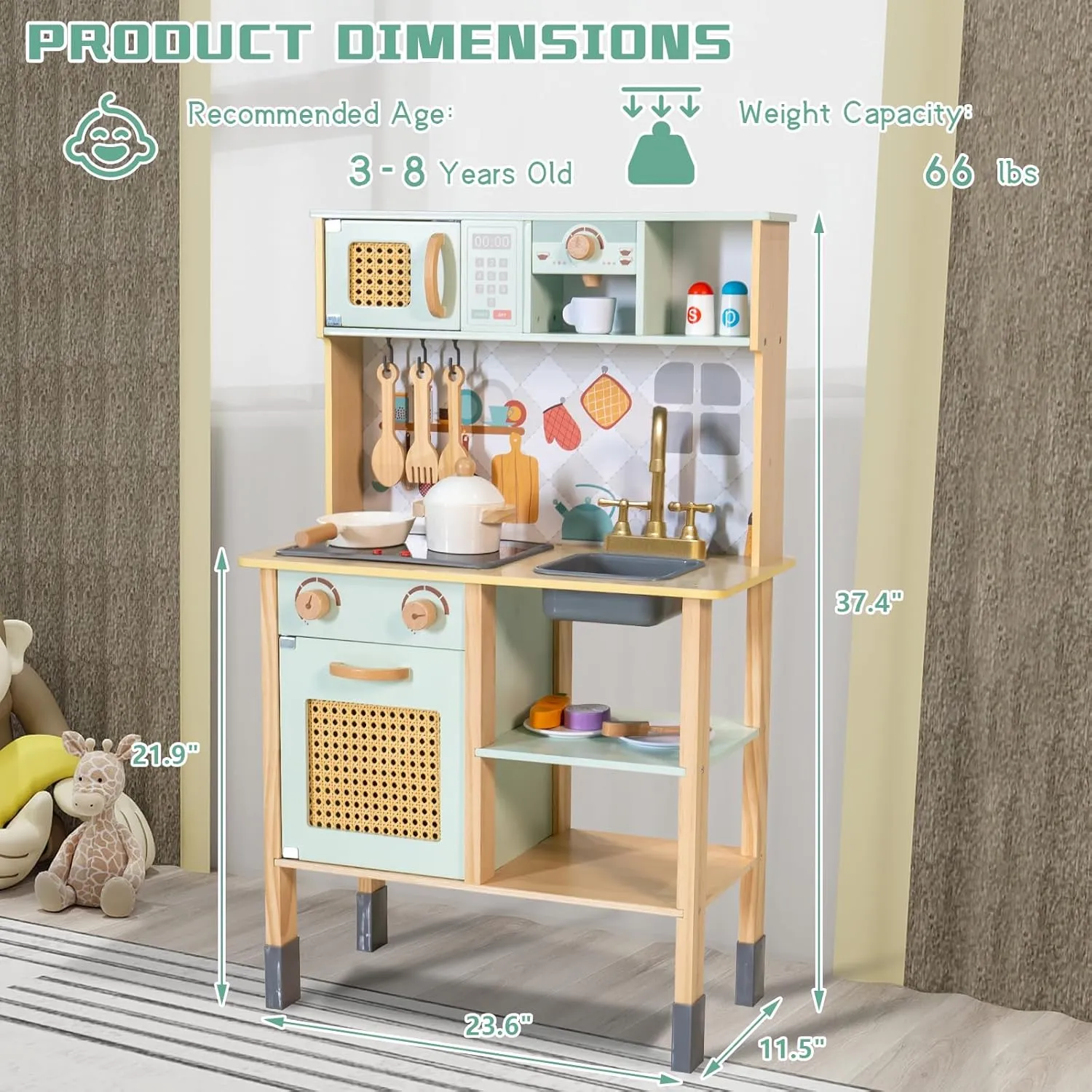 Garsing Play Kitchen for Kids Toddlers with Sounds, Wooden Kids Kitchen Playset with Realistic Features, Modern Toy Kitchen Sets with Storage and Accessories for Boys Girls, Age 3 , Green