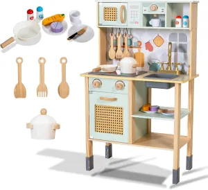 Garsing Play Kitchen for Kids Toddlers with Sounds, Wooden Kids Kitchen Playset with Realistic Features, Modern Toy Kitchen Sets with Storage and Accessories for Boys Girls, Age 3 , Green