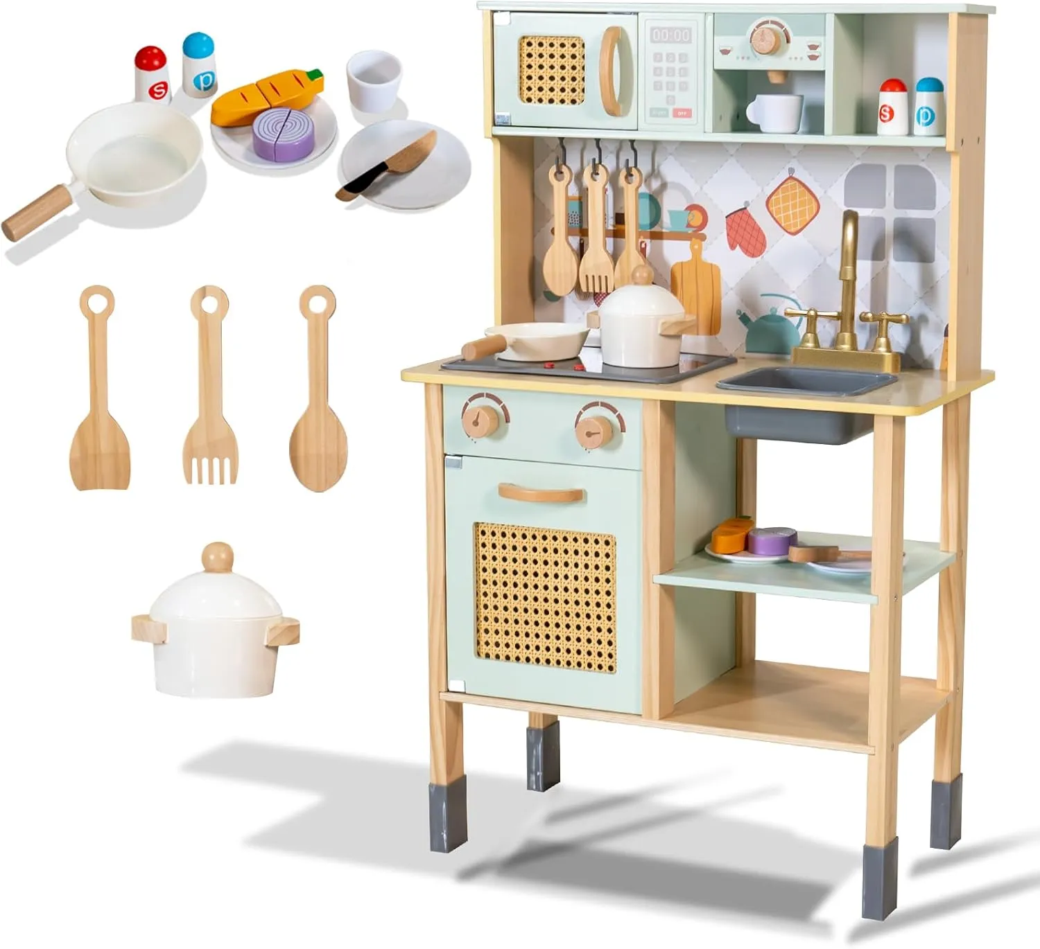 Garsing Play Kitchen for Kids Toddlers with Sounds, Wooden Kids Kitchen Playset with Realistic Features, Modern Toy Kitchen Sets with Storage and Accessories for Boys Girls, Age 3 , Green