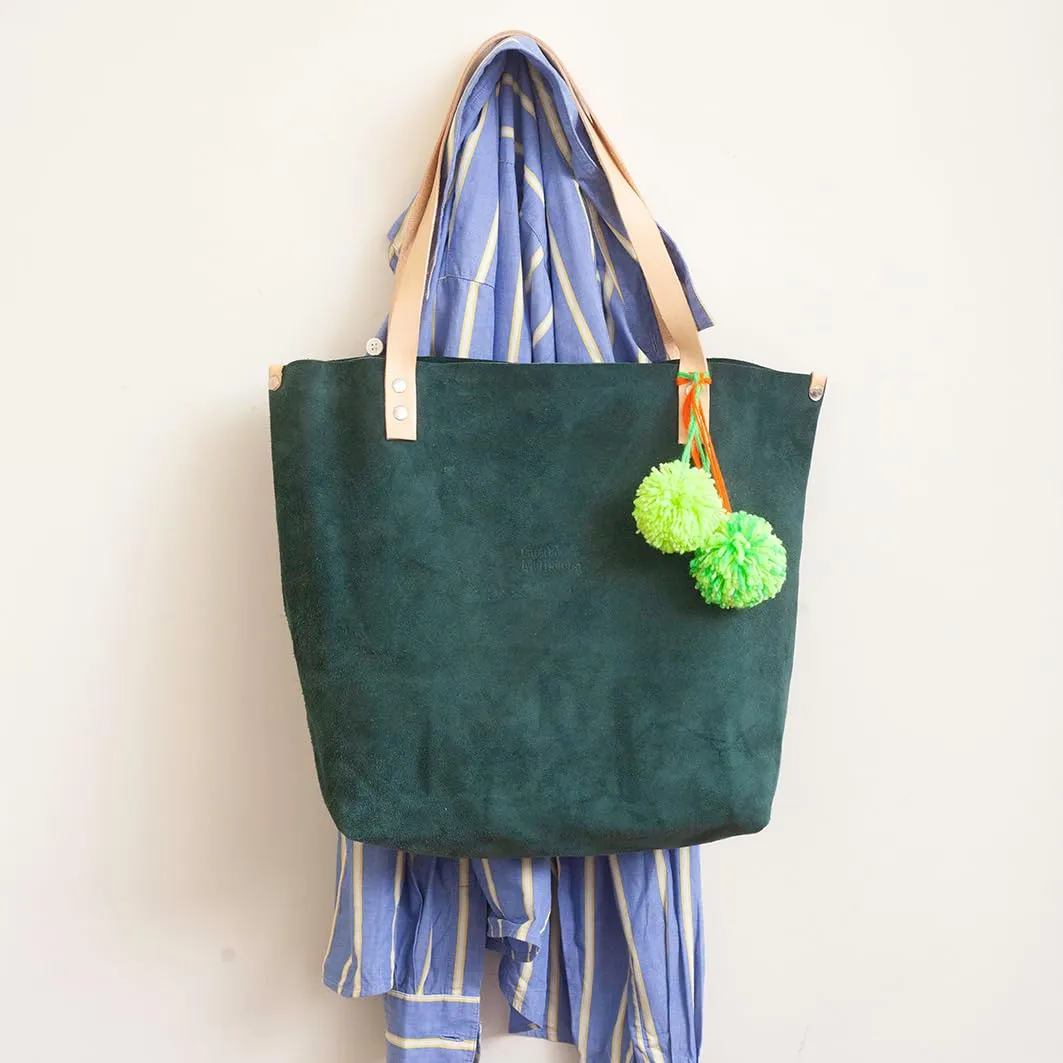 Genuine Cow Leather Tote Bag - Color Suede (Bright Green)